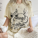 Unisex Vintage Busy Octopus Printed Washed Tee