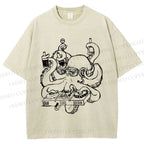 Unisex Vintage Busy Octopus Printed Washed Tee