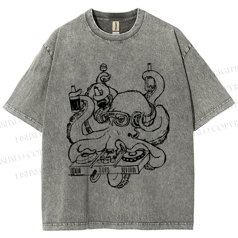 Unisex Vintage Busy Octopus Printed Washed Tee