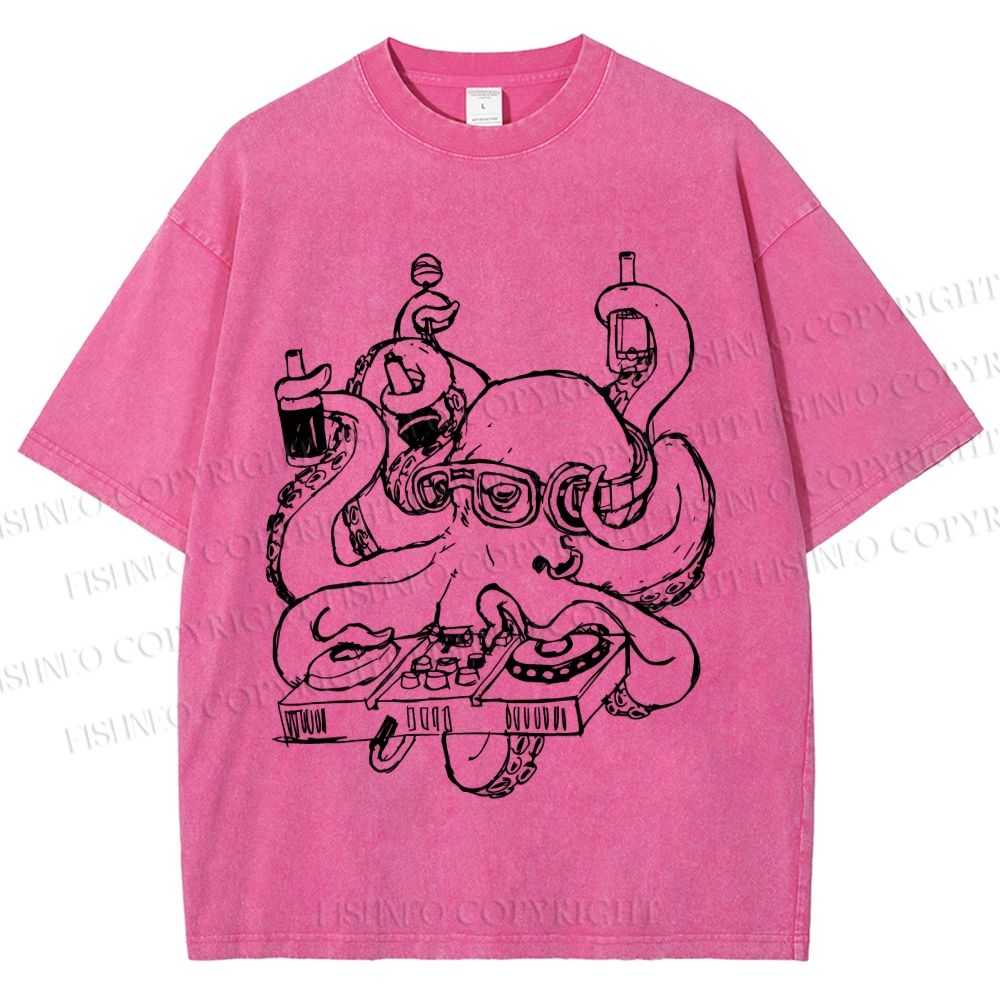 Unisex Vintage Busy Octopus Printed Washed Tee