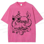 Unisex Vintage Busy Octopus Printed Washed Tee