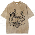 Unisex Vintage Busy Octopus Printed Washed Tee