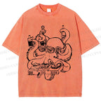 Unisex Vintage Busy Octopus Printed Washed Tee