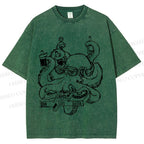 Unisex Vintage Busy Octopus Printed Washed Tee