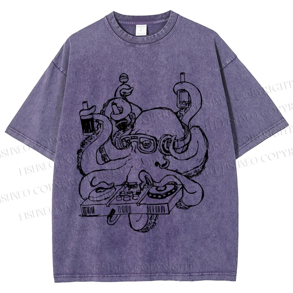 Unisex Vintage Busy Octopus Printed Washed Tee