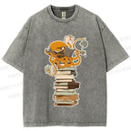 Unisex Vintage Wise Octopus Reading Books Printed Washed Tee