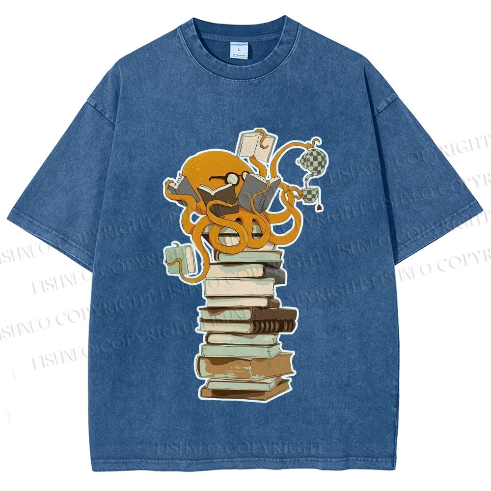 Unisex Vintage Wise Octopus Reading Books Printed Washed Tee