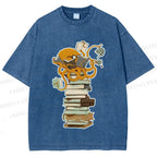 Unisex Vintage Wise Octopus Reading Books Printed Washed Tee