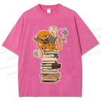 Unisex Vintage Wise Octopus Reading Books Printed Washed Tee