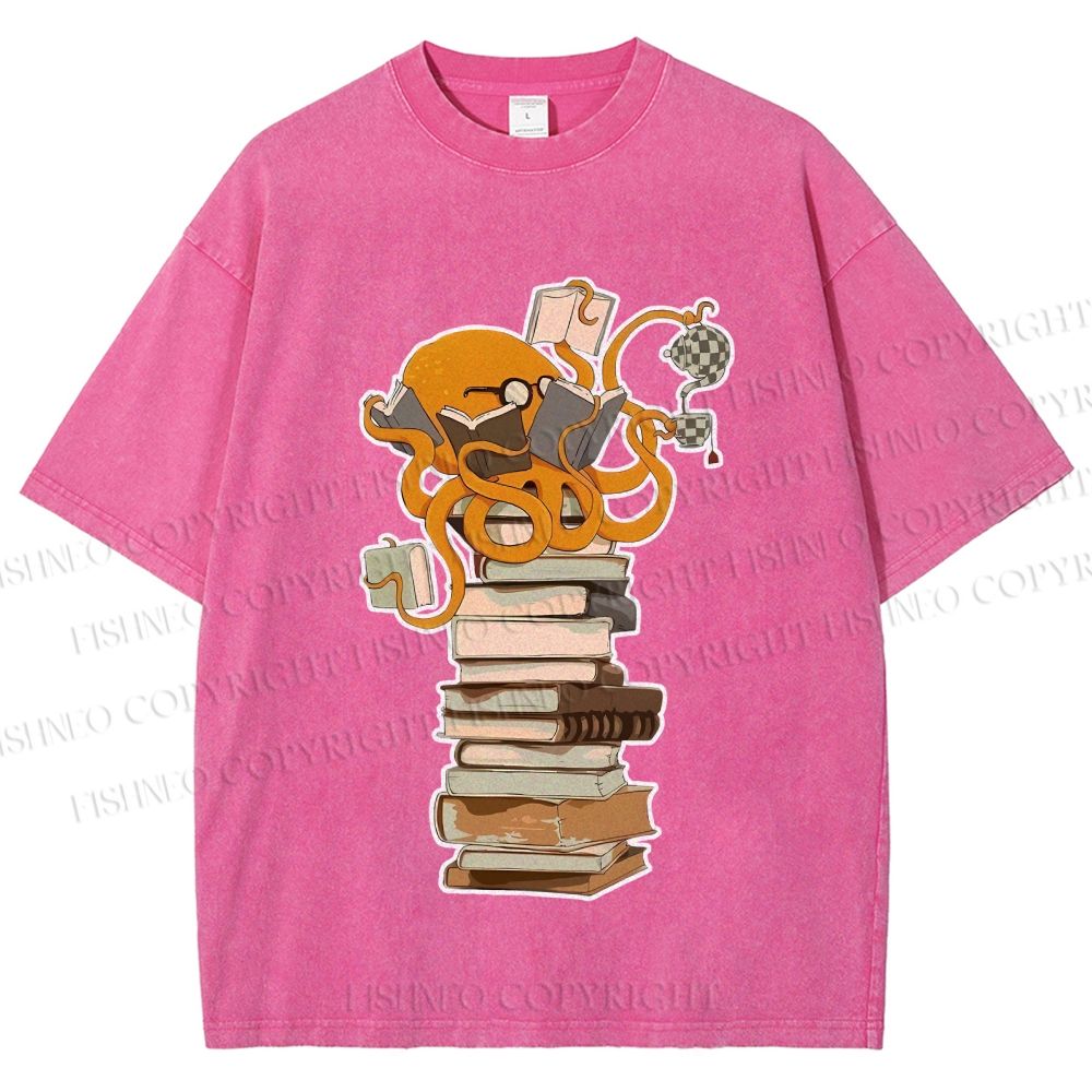 Unisex Vintage Wise Octopus Reading Books Printed Washed Tee