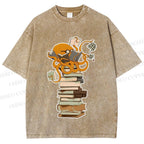 Unisex Vintage Wise Octopus Reading Books Printed Washed Tee