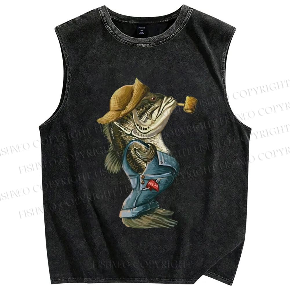 Unisex Vintage Farmer Fish Smoking Printed Washed Tank Top
