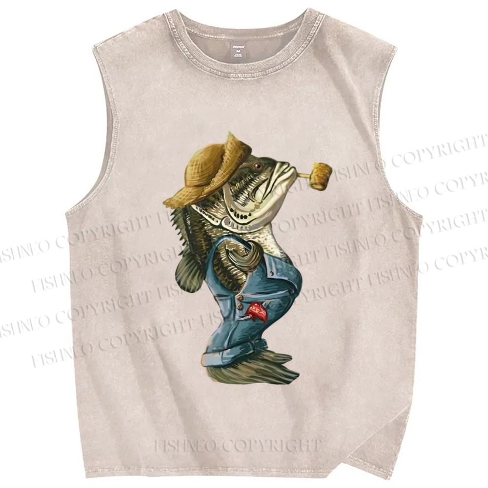 Unisex Vintage Farmer Fish Smoking Printed Washed Tank Top
