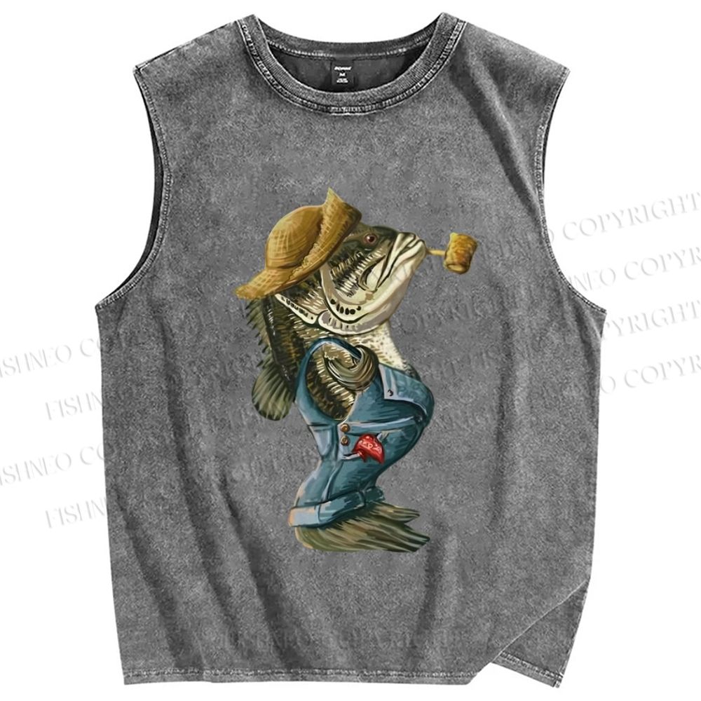 Unisex Vintage Farmer Fish Smoking Printed Washed Tank Top