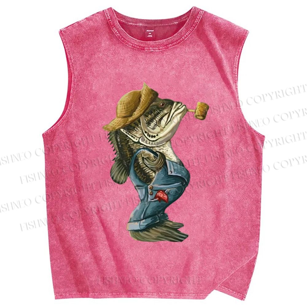 Unisex Vintage Farmer Fish Smoking Printed Washed Tank Top