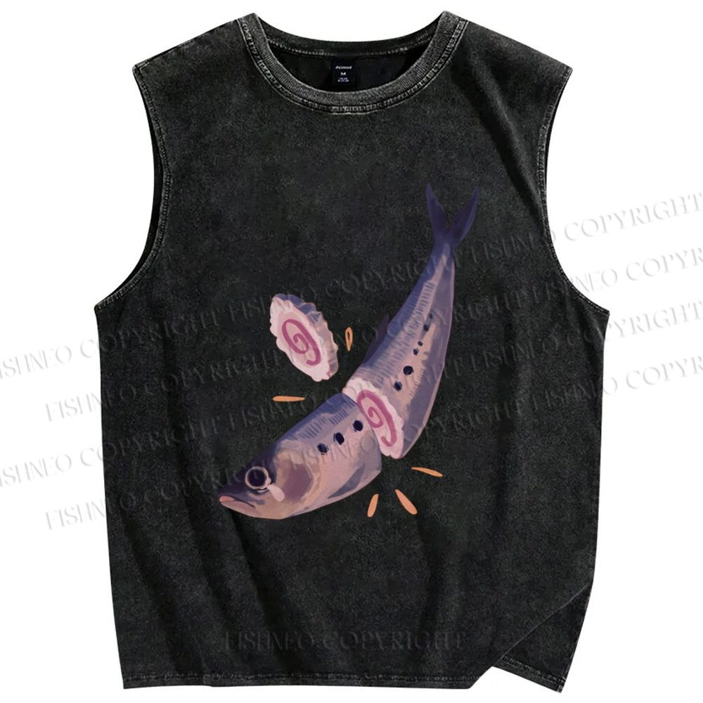 Unisex Sushi Sardine Fish Printed Washed Tank Top