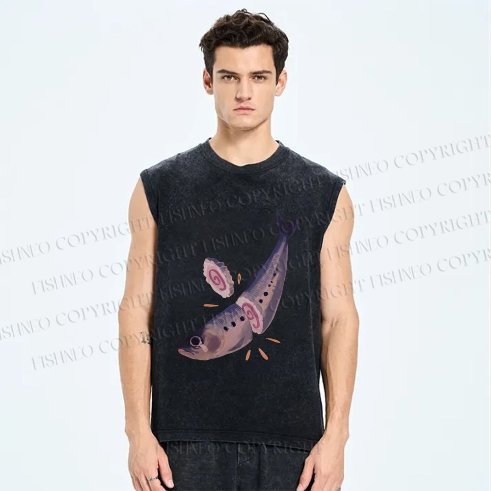 Unisex Sushi Sardine Fish Printed Washed Tank Top