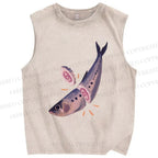 Unisex Sushi Sardine Fish Printed Washed Tank Top