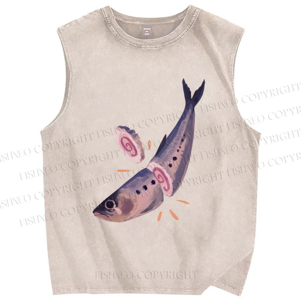 Unisex Sushi Sardine Fish Printed Washed Tank Top