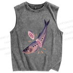 Unisex Sushi Sardine Fish Printed Washed Tank Top