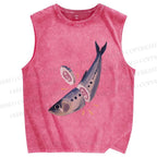 Unisex Sushi Sardine Fish Printed Washed Tank Top