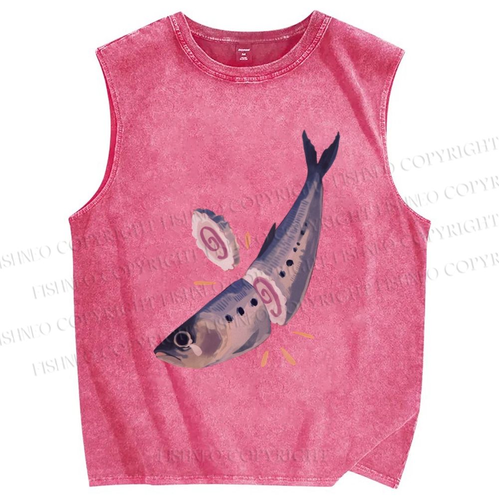 Unisex Sushi Sardine Fish Printed Washed Tank Top