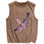 Unisex Sushi Sardine Fish Printed Washed Tank Top
