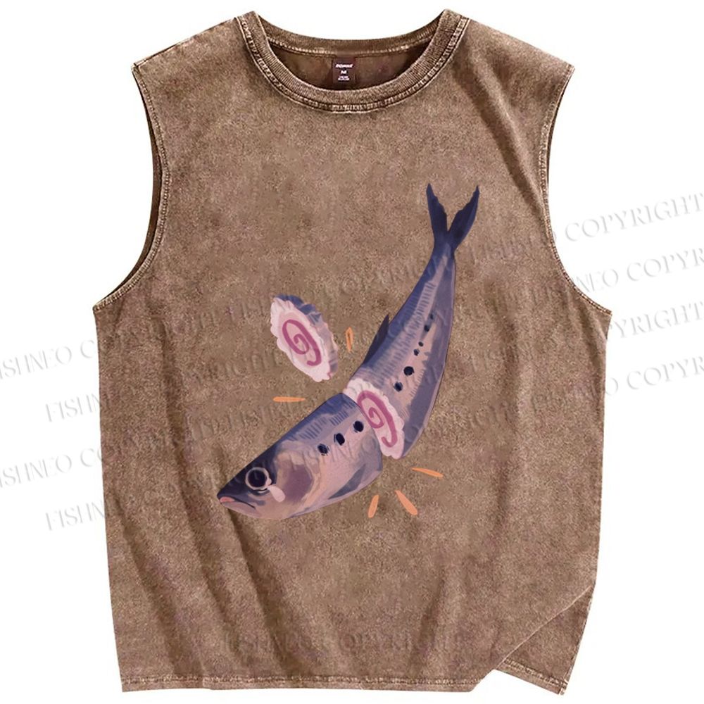 Unisex Sushi Sardine Fish Printed Washed Tank Top