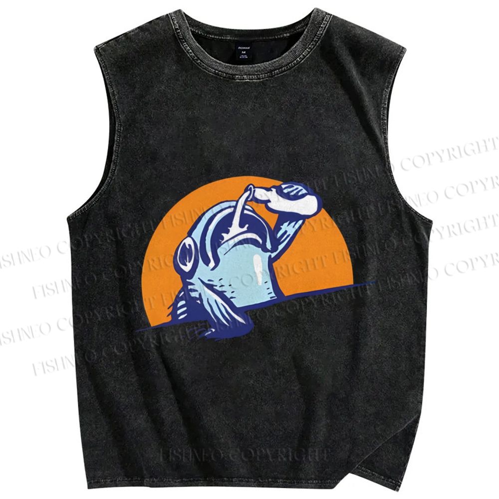 Unisex Blue Fish Getting Drunk Printed Washed Tank Top