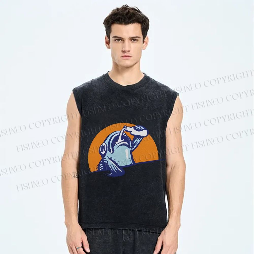 Unisex Blue Fish Getting Drunk Printed Washed Tank Top