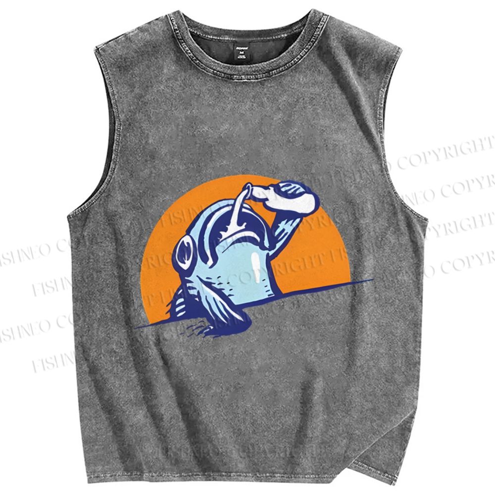 Unisex Blue Fish Getting Drunk Printed Washed Tank Top