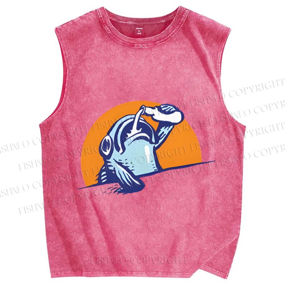 Unisex Blue Fish Getting Drunk Printed Washed Tank Top