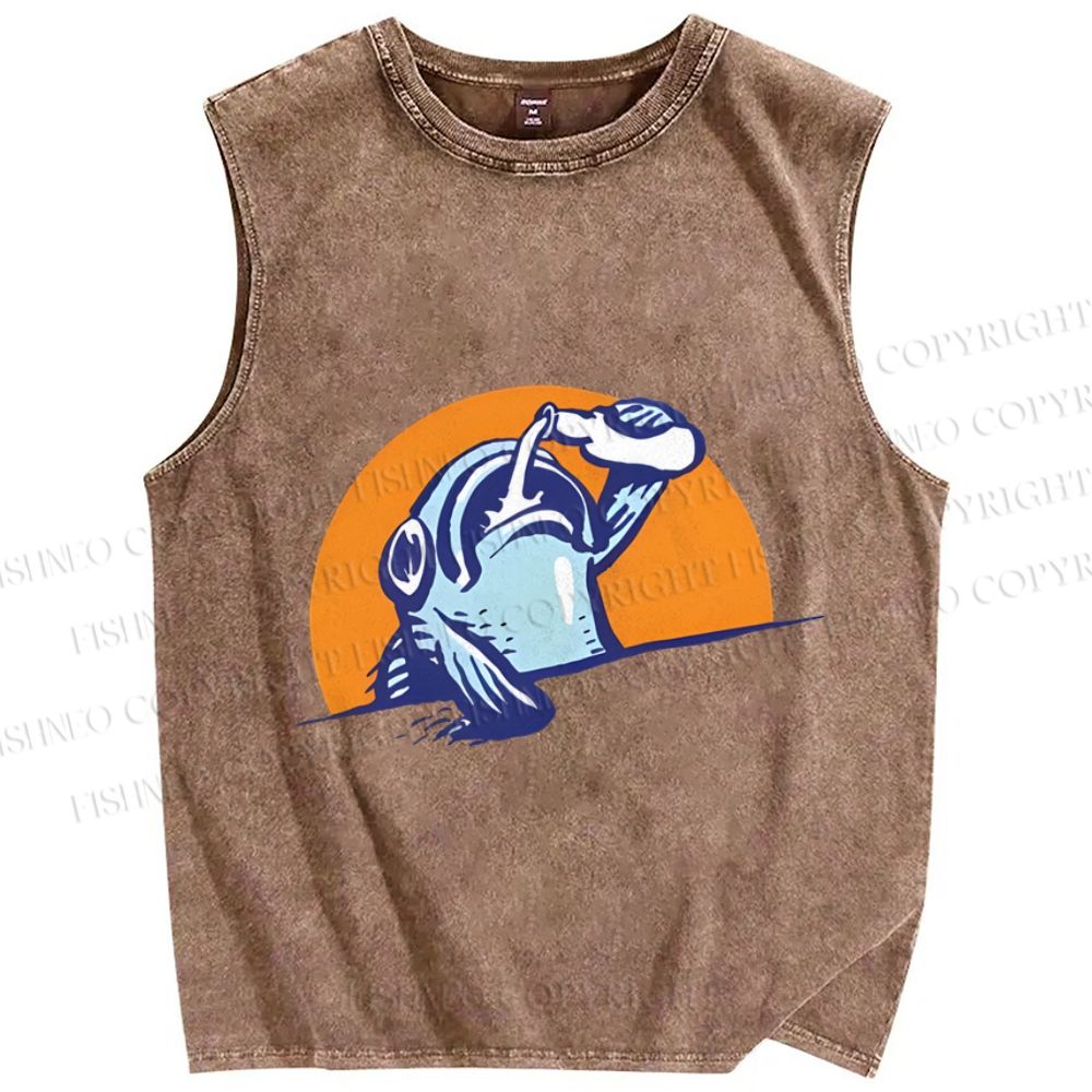 Unisex Blue Fish Getting Drunk Printed Washed Tank Top