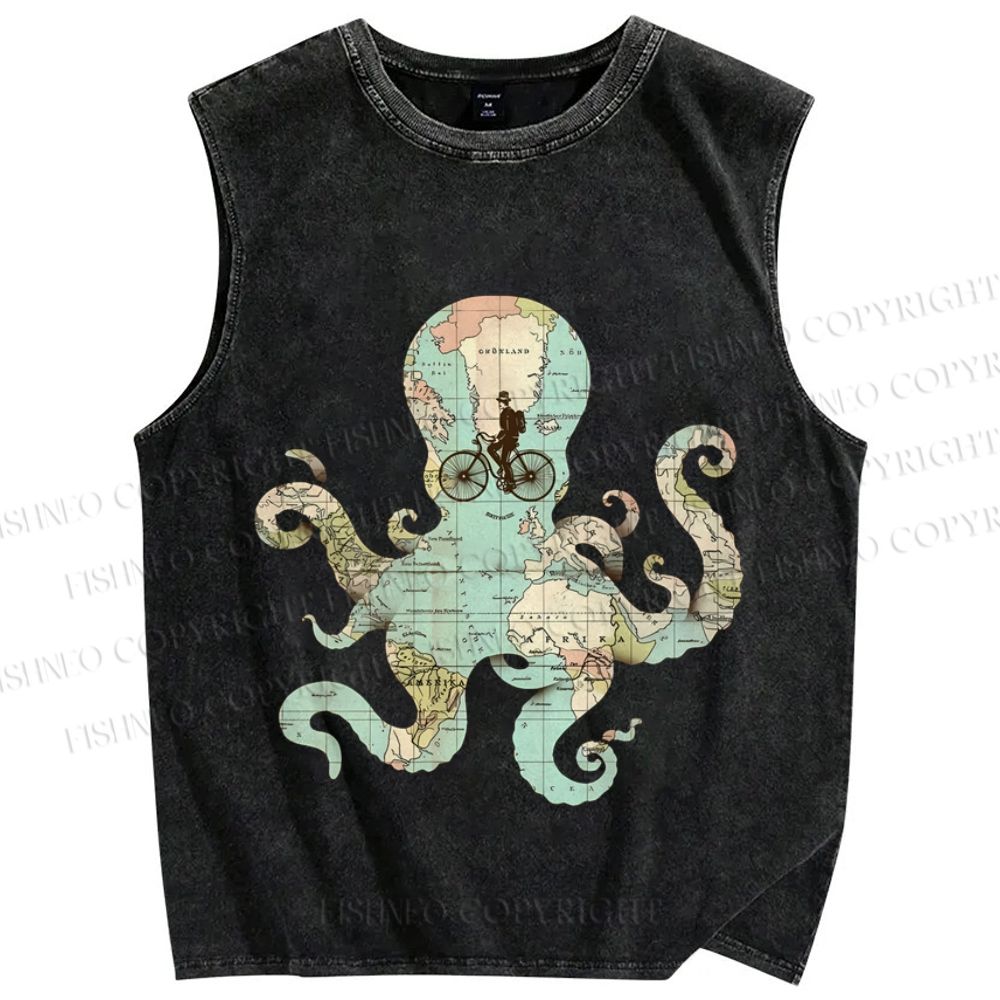 Unisex Map Octopus Printed Washed Tank Top