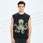 Unisex Map Octopus Printed Washed Tank Top