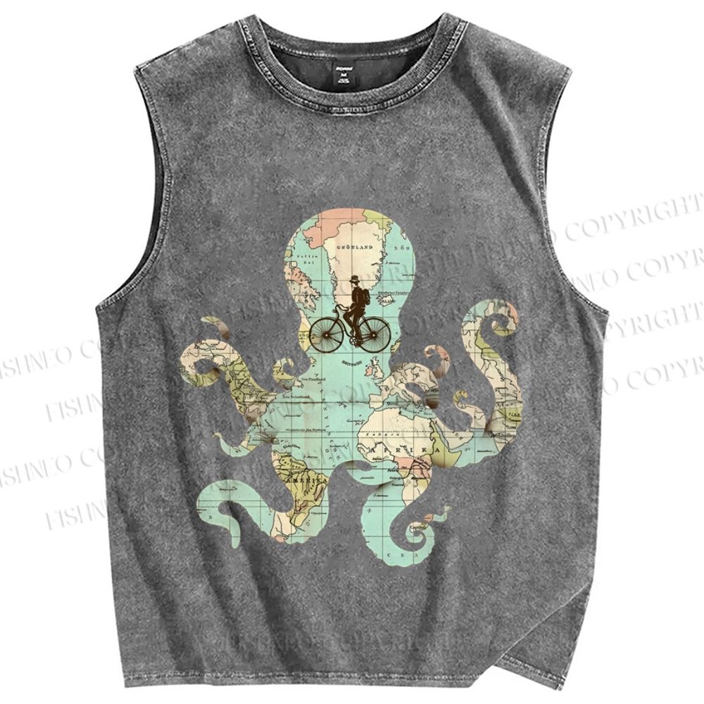 Unisex Map Octopus Printed Washed Tank Top
