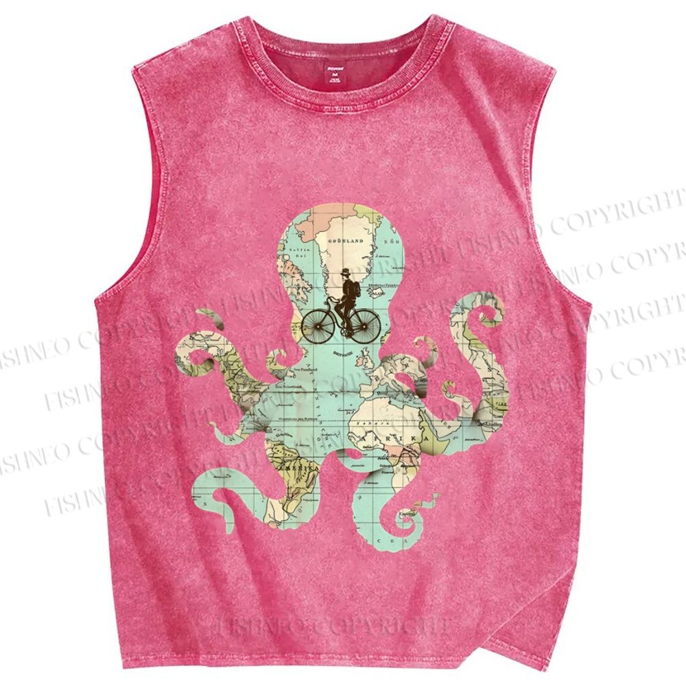 Unisex Map Octopus Printed Washed Tank Top