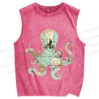 Unisex Map Octopus Printed Washed Tank Top
