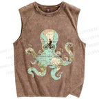 Unisex Map Octopus Printed Washed Tank Top