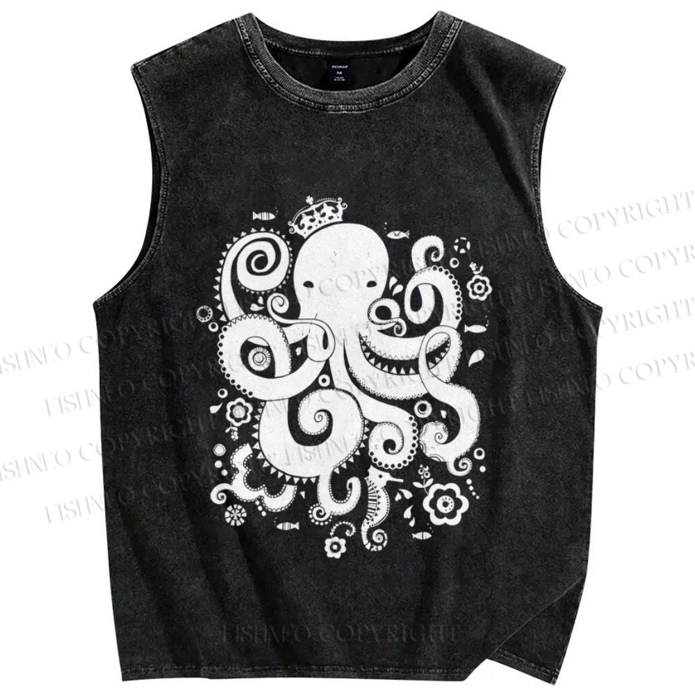 Unisex Octopus With Crown Printed Washed Tank Top