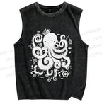 Unisex Octopus With Crown Printed Washed Tank Top