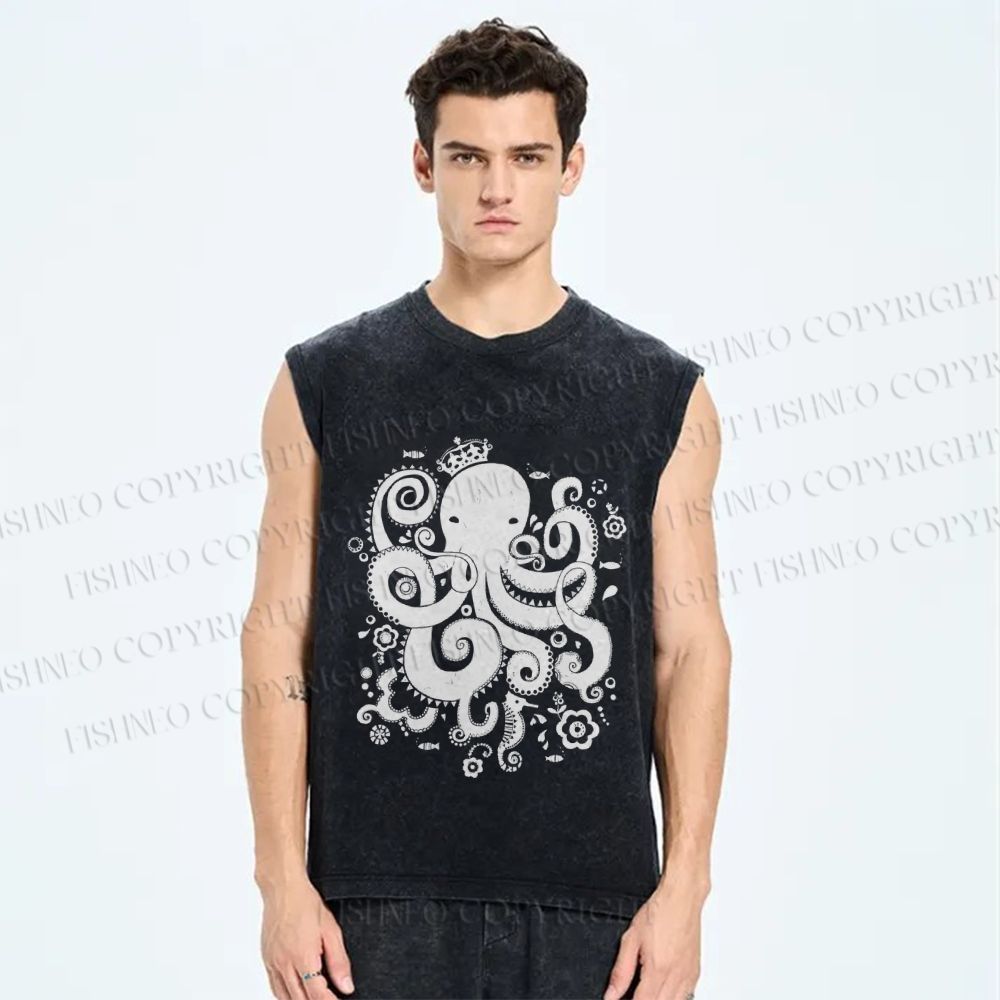 Unisex Octopus With Crown Printed Washed Tank Top