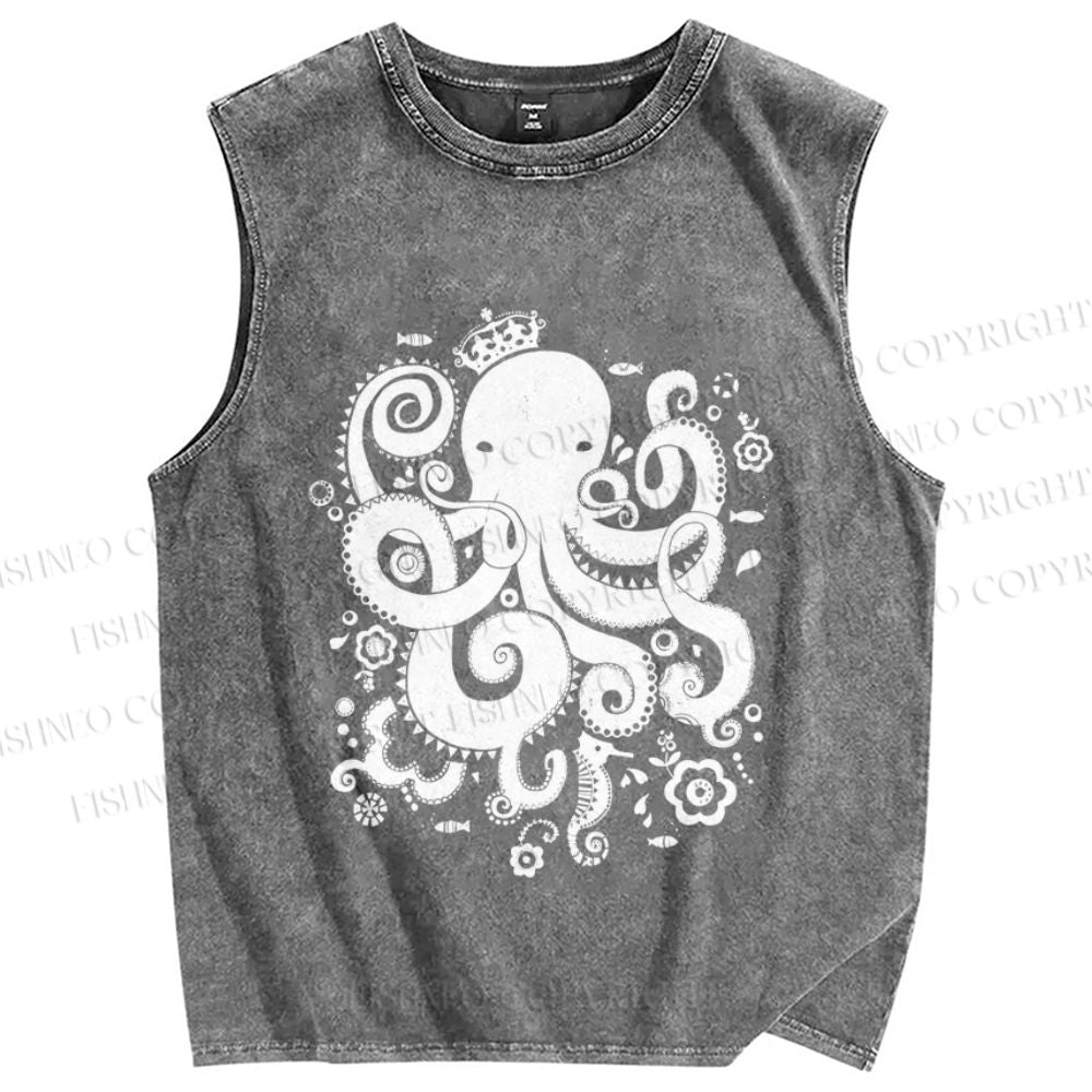 Unisex Octopus With Crown Printed Washed Tank Top