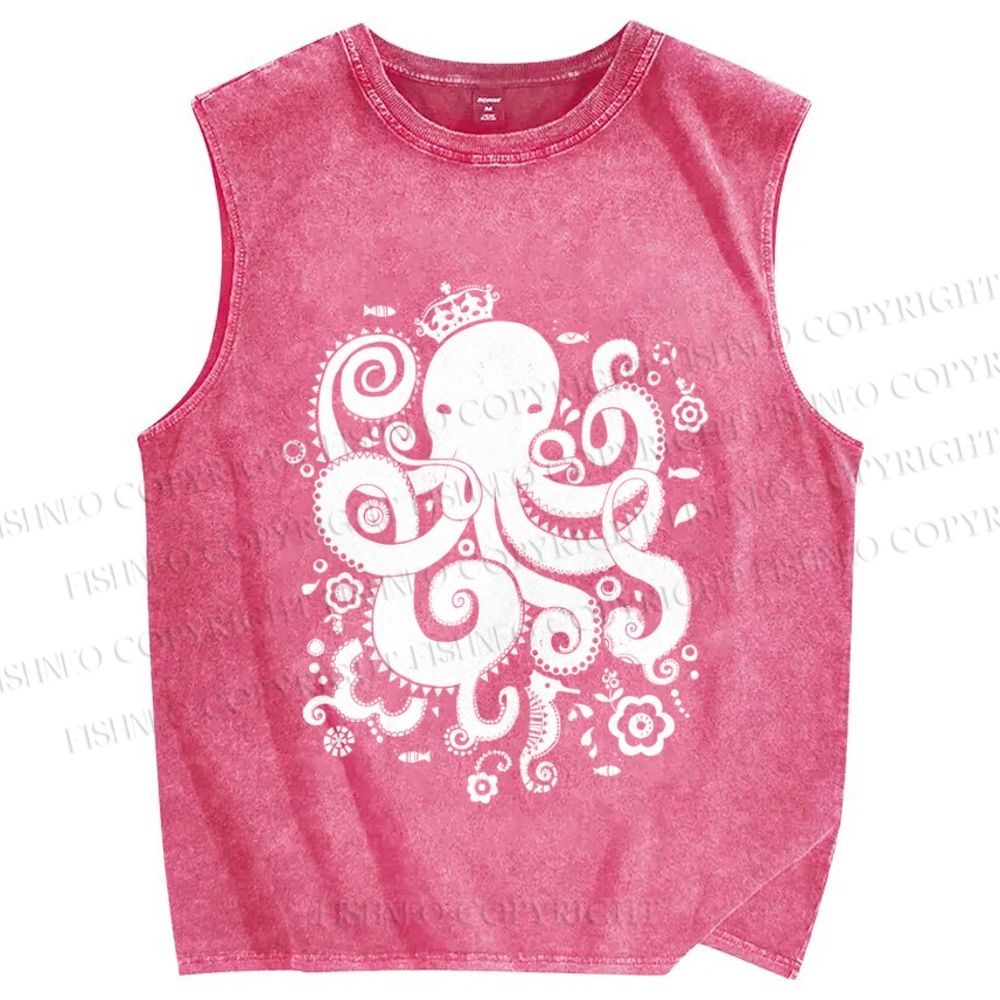 Unisex Octopus With Crown Printed Washed Tank Top