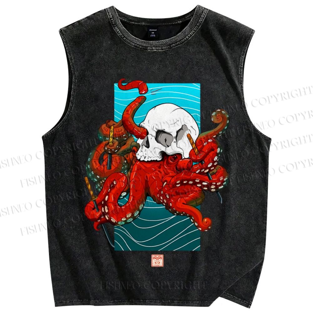 Unisex Vintage Skull Octopus In The Sea Printed Washed Tank Top