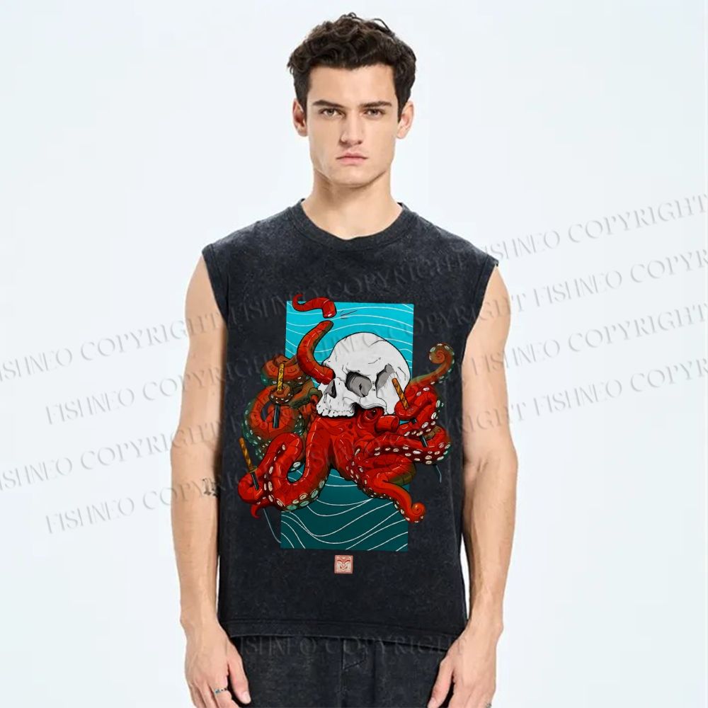 Unisex Vintage Skull Octopus In The Sea Printed Washed Tank Top