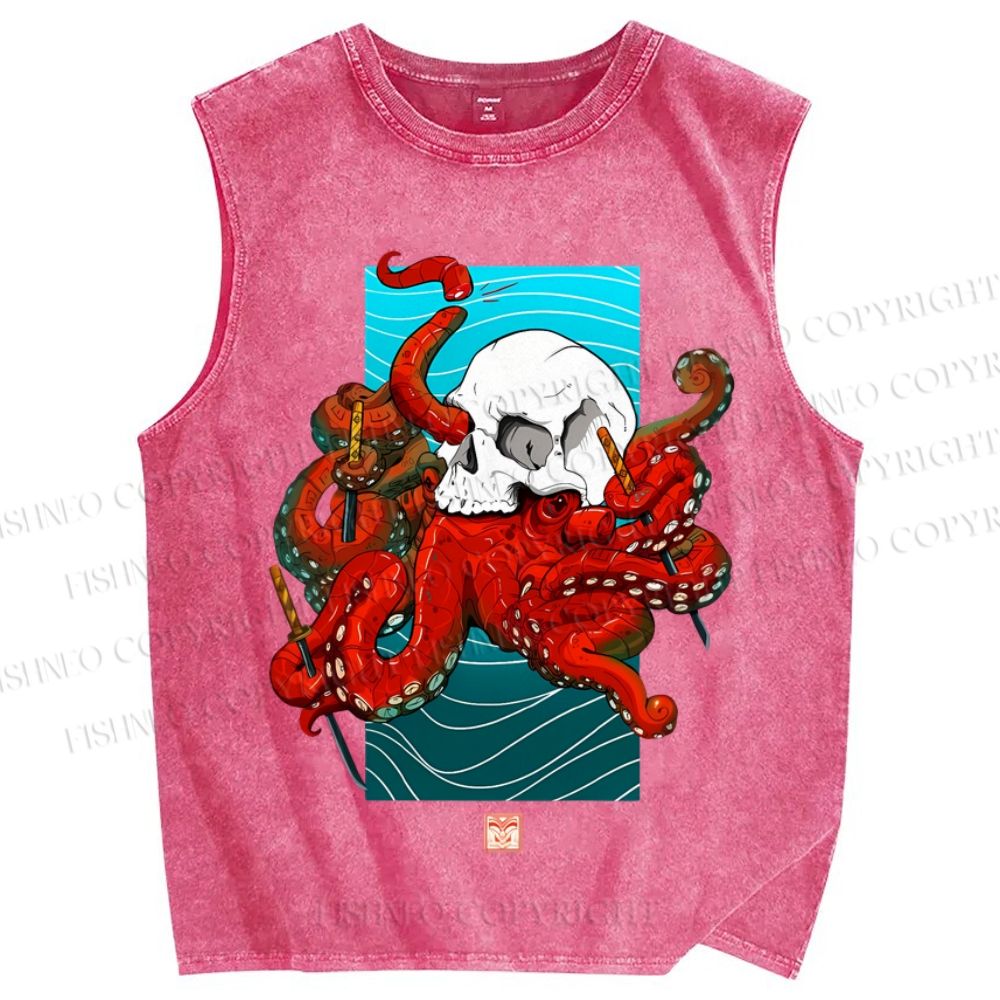 Unisex Vintage Skull Octopus In The Sea Printed Washed Tank Top