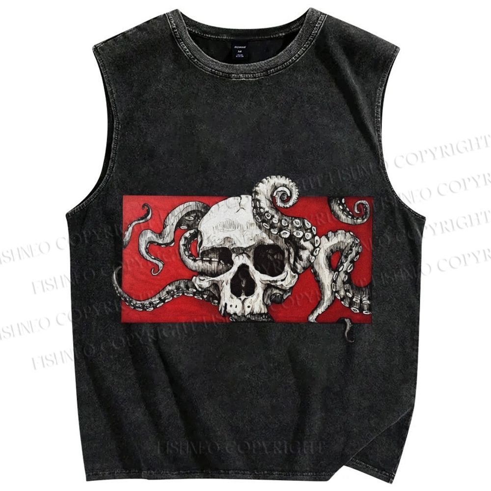 Unisex Vintage Skull Octopus Printed Washed Tank Top