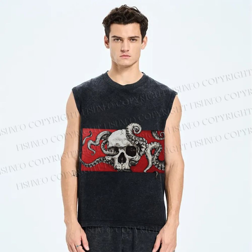 Unisex Vintage Skull Octopus Printed Washed Tank Top
