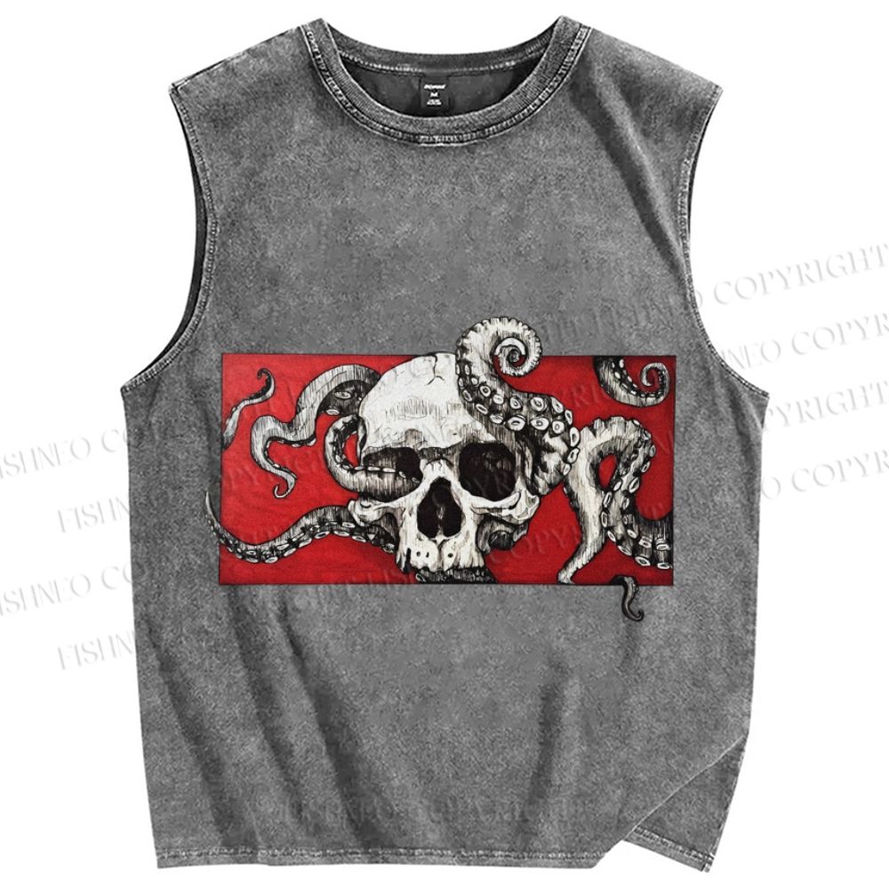 Unisex Vintage Skull Octopus Printed Washed Tank Top